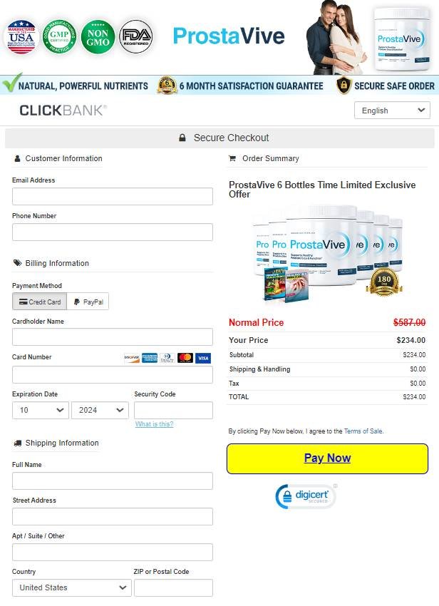 Secure ProstaVive checkout process and order information